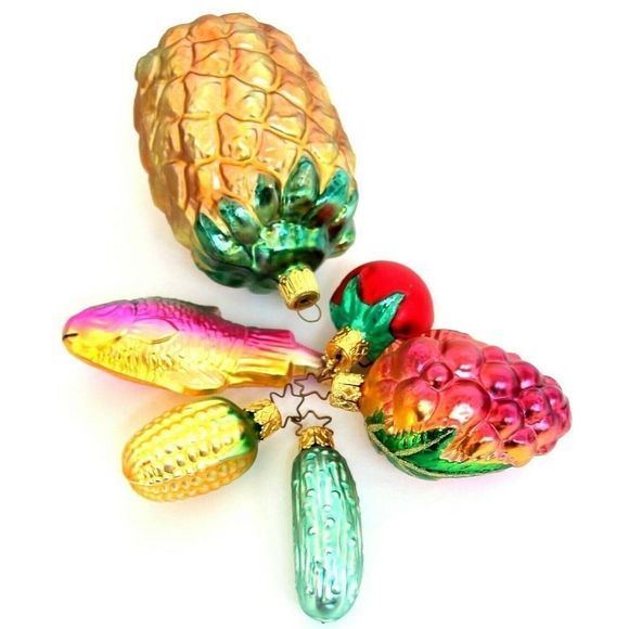 ANTIQUE GERMAN LOT 6 FISH CORN CUCUMBER TOMATO PINEAPPLE CHRISTMAS ORNAMENTS - Picture 1 of 13
